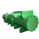 Shell and tube cooler industri besar berwarna hijau dengan desain modular dan sambungan pipa besar.