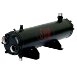 Shell and tube cooler berwarna hitam dengan dudukan kaki, digunakan dalam sistem pendinginan industri.
