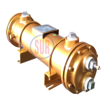 Shell and tube cooler berwarna emas dengan dudukan kaki dan sambungan pipa besar.