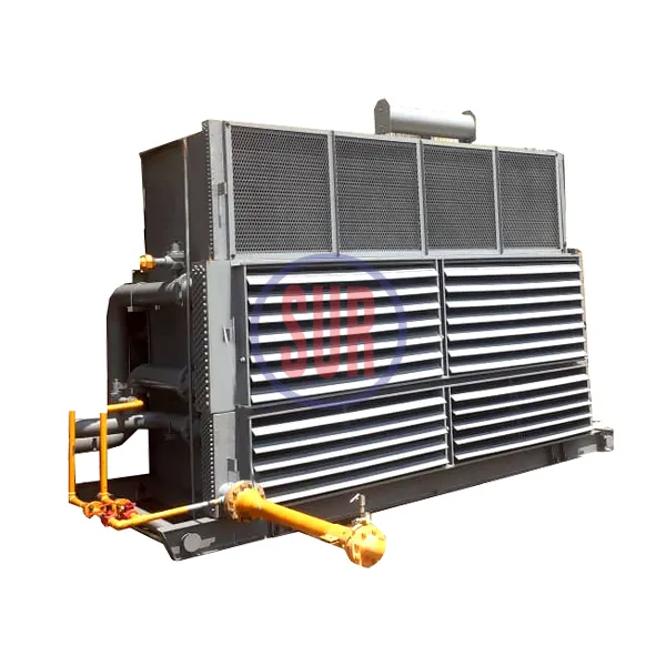 Gas cooler industri besar dengan banyak pipa bersirip horizontal dan sambungan pipa berwarna kuning untuk pendinginan gas berkapasitas tinggi.